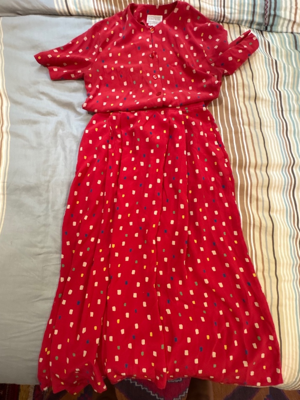 Vintage 100% Silk Red Confetti Print Skirt + Top Set | S/M